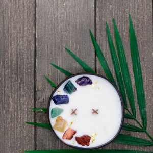 May include: A white candle with a variety of colorful crystals and gold flakes embedded in the wax. The candle is in a dark brown coconut shell and is sitting on a wooden surface with a green palm leaf.