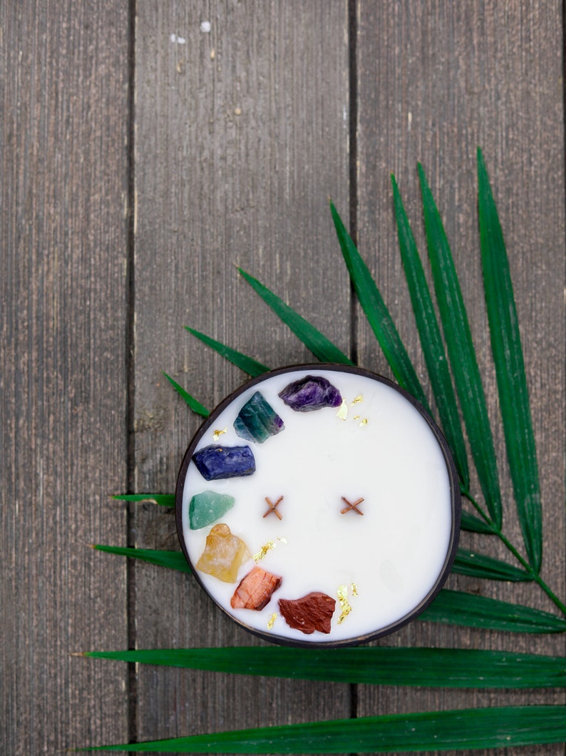May include: A white candle with a variety of colorful crystals and gold flakes embedded in the wax. The candle is in a dark brown coconut shell and is sitting on a wooden surface with a green palm leaf.