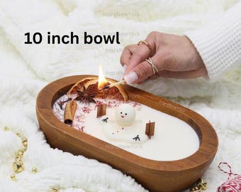 10 inch Christmas Candle - Soy Wax doughbowl Snowman, Spiced Scent, fraser fir