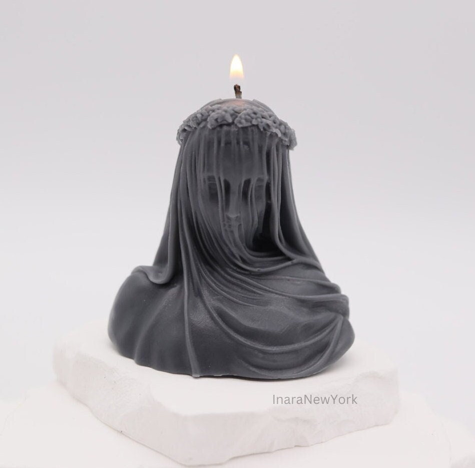 Virgin Veiled Lady Candle – Handmade Small Soy Wax Bust, Mystical Feminine Sculpture, Elegant Home Decor Accent, Gift for Her, Halloween