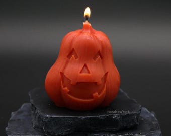 Bougie citrouille faite main : décoration d'Halloween, cire de soja