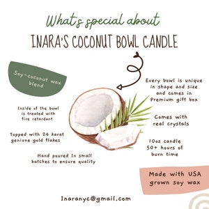May include: A hand-poured coconut bowl candle with real crystals, made with USA-grown soy wax. The candle is topped with 24 karat gold flakes and comes in a premium gift box. It has a burn time of 50+ hours.