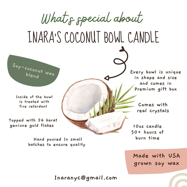 May include: A hand-poured coconut bowl candle with real crystals, made with USA-grown soy wax. The candle is topped with 24 karat gold flakes and comes in a premium gift box. It has a burn time of 50+ hours.