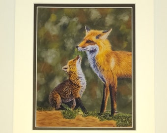 Red Fox Drawing, kit and mom, hand drawn, colored pencil, print of original drawing, 8 by 10 drawing size