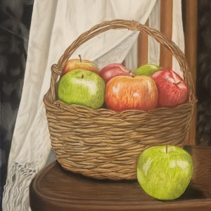Apple Drawing, hand drawn, colored pencil, print of original drawing