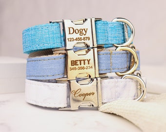 Blue fabric Dog Cat Collar with Name Plate Leash Bow | Custom Puppy Collar for Wedding Gift | PersonazliedSoft Beautiful Collar for pet gift