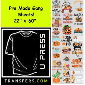 May include: A set of 22 x 60 inch pre-made iron-on transfer sheets featuring Thanksgiving-themed designs. The designs include turkeys, pumpkins, pies, and other fall-themed imagery. The designs also include text such as "One Thankful Kid", "Gobble", and "Team Tiny Turkeys".
