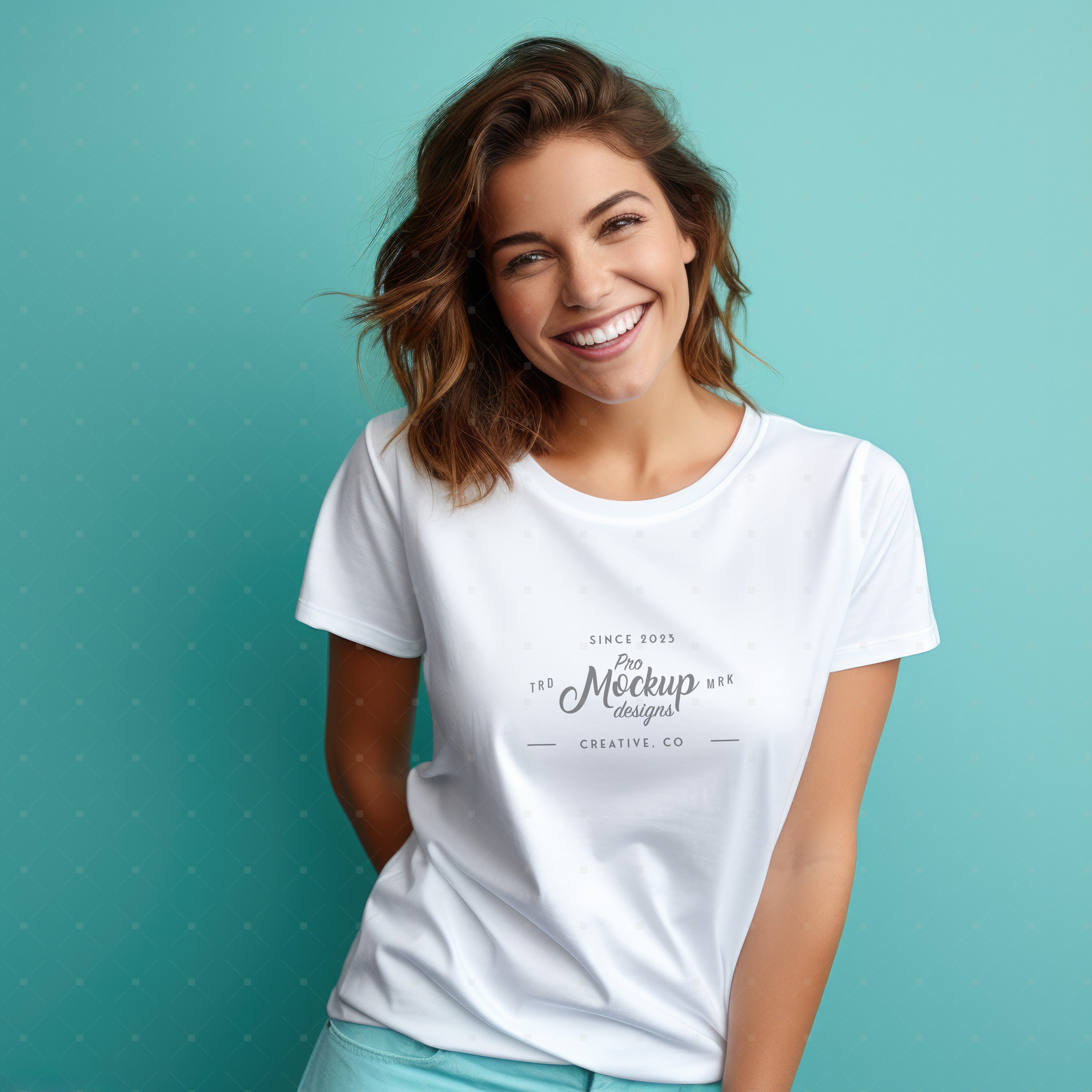 Gildan 2000 Female White T-shirt Mockup Lifestyle Photo Cyan - Etsy