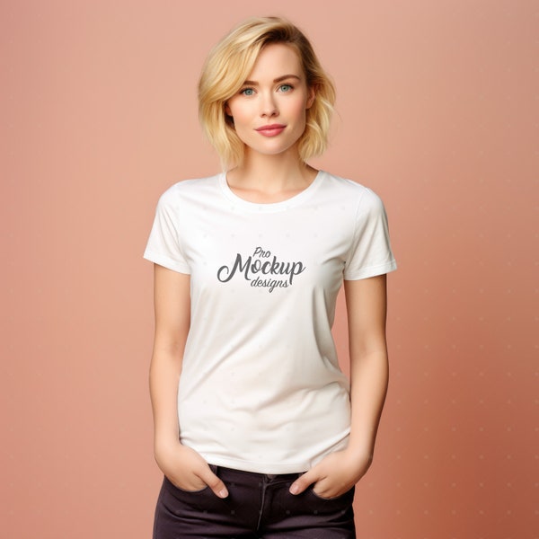 Gildan 2000 Female White T-shirt Mockup, Fashion Photography, Rose Orange Pastel Colour Studio Background, G2000 Unisex Short Sleeve Tee