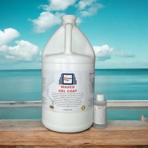 May include: A white gallon jug of waxed gel coat for boats. The label reads "Waxed Gel Coat" and "1 Gallon". A smaller bottle of clear liquid is also shown with a label that reads "Danger M.K.P."