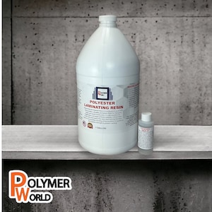 May include: A white 1-gallon container of polyester laminating resin with a smaller bottle of MEK-P. The label reads "POLYESTER LAMINATING RESIN" and "1 GALLON". The brand name "POLYMER WORLD" is also visible.