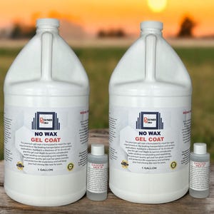 May include: Two white gallon jugs of no wax gel coat for boats. The jugs have black labels with the text "Polymer World No Wax Gel Coat" and "1 Gallon". Two smaller bottles of MEK-P are in front of the jugs.