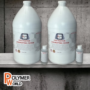 May include: Two white gallon jugs of polyester laminating resin with a smaller bottle of resin next to each jug. The jugs and bottles have black labels with the text "POLYMER WORLD" and "POLYESTER LAMINATING RESIN".
