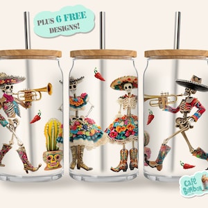Day of the Dead Libbey Glasdose, 16 Unzen Glasdose Full Wrap, Dia de Los Muertos Sugar Skull Instant Download La Catrina Mexican Halloween png