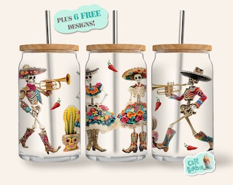 Day of the Dead Libbey Glass Can, 16oz Glass Can Full Wrap, Dia de Los Muertos Sugar Skull Instant Download La Catrina Mexican Halloween png