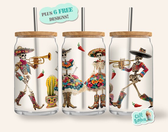 Day of the Dead Libbey Glass Can, 16oz Glass Can Full Wrap, Dia de Los Muertos Sugar Skull Instant Download La Catrina Mexican Halloween png