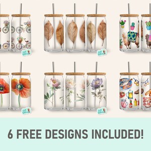 May include: Six different designs for reusable tumblers with a straw and a wooden lid. The designs include bicycles, leaves, llamas, poppies, flowers, and food.