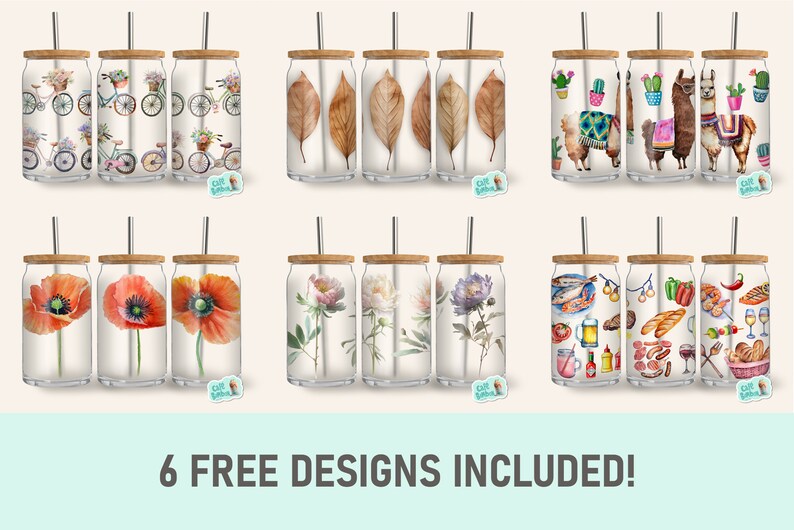May include: Six different designs for reusable tumblers with a straw and a wooden lid. The designs include bicycles, leaves, llamas, poppies, flowers, and food.
