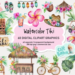 Acquerello Hawaii Tiki Clipart / acquerello surf isola tropicale clip art, uso commerciale di download digitale PNG, Paper Craft, Card Making