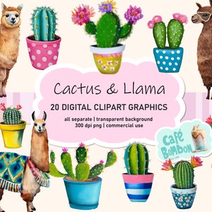 Aquarell Kaktus & Lama Clip Art | Süßes Lama, Alpaka und Wüstenkakteen, PNG digitaler Download für kommerzielle Nutzung, Papierhandwerk, Kartenherstellung