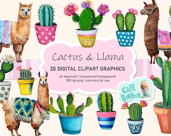 Watercolor Cactus & Llama Clip Art | Cute Llama, Alpaca and Desert Cacti, PNG digital download for commercial use, Paper Craft, Card Making