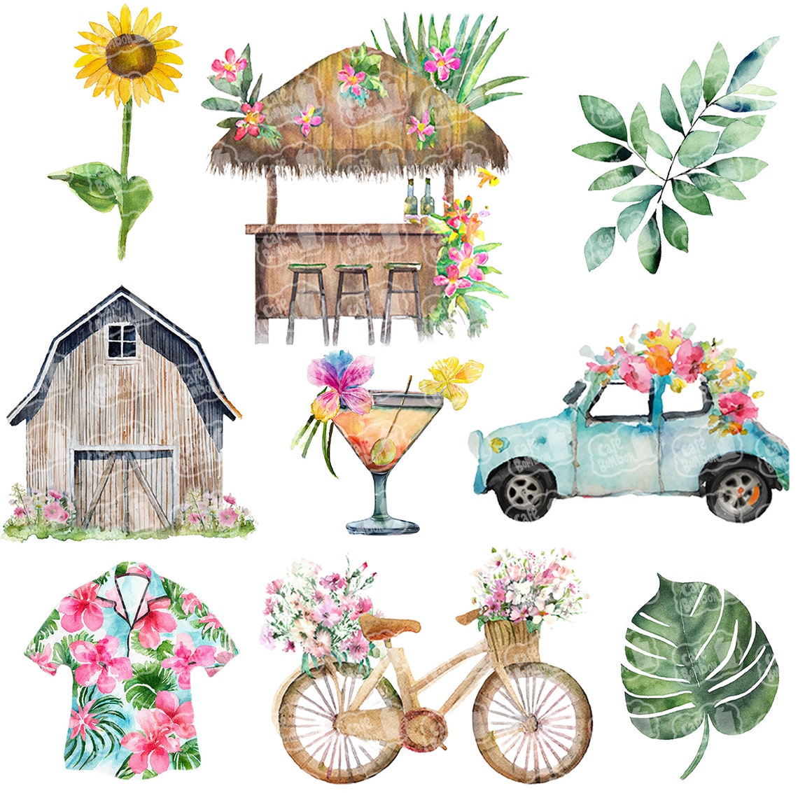 Watercolor Spring Summer Clipart Aquarelle Tropical Hawaii Floral Clip ...