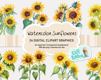 Watercolor Sunflower Digital Clipart Images | Summer Fall Wedding Floral Sunflowers in PNG format, Instant download for commercial use