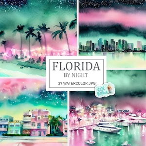 Imágenes prediseñadas de la playa de Florida en acuarela / Imágenes prediseñadas de la playa tropical de Miami de Florida por la noche, descarga digital para uso comercial, manualidades de papel, fabricación de tarjetas