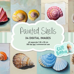Imágenes digitales de conchas pintadas / Conchas de mar pintadas, Arte náutico vintage, Descarga instantánea para uso comercial, Invitación, Cumpleaños, Diario
