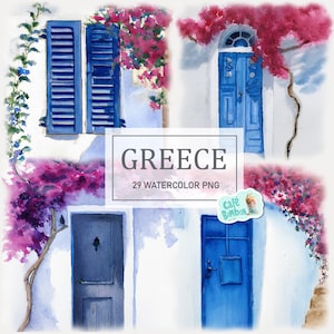 Aquarelle Grèce Clipart, clipart aquarelle îles grecques, téléchargement numérique PNG Santorin, voyage, usage commercial artisanat en papier fabrication de cartes
