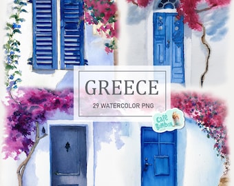 Watercolor Greece Clipart, Watercolor Greek Islands clip art, Santorini PNG digital download, Travel, commercial use Paper Craft Card Making