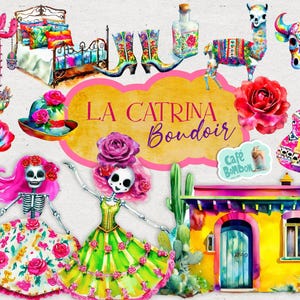 Dia de los Muertos clipart, La Catrina clip art, Watercolor Day of the Dead Mexican Halloween images PNG digital commercial use, Paper Craft