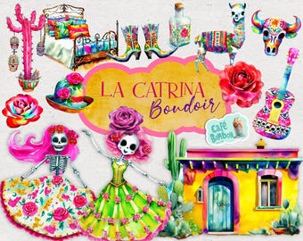 Dia de los Muertos clipart, La Catrina clip art, Watercolor Day of the Dead Mexican Halloween images PNG digital commercial use, Paper Craft