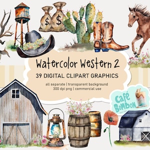 Acuarela Western Clipart 2 / Rancho de vaqueros americano de Texas, descarga digital PNG para uso comercial, artesanía de papel, fabricación de tarjetas, medios mixtos