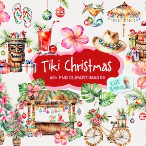 Aquarell Tropische Weihnachten Clipart | Aquarell Hawaii Weihnachten, Tiki Weihnachten PNG digitaler Download, kommerzielle Nutzung, Papier Handwerk Kartenherstellung