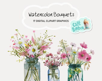 Puede incluir: Tres tarros de vidrio llenos de ramos de acuarela de flores rosas y blancas. Los tarros son transparentes y tienen un aspecto rústico. Las flores están dispuestas en un estilo suelto y natural. La imagen se titula "Watercolor Bouquets" e incluye el texto "17 Digital Clipart Graphics".