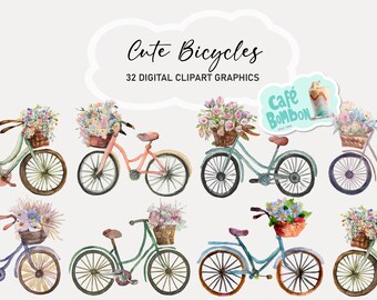 Watercolor Bicycles with Wild Flowers Clipart, Watercolor Flowers Floral Clipart, Summer, Flowers, SVG + PNG digital download commercial use