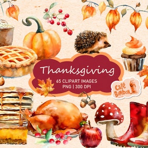 Thanksgiving Clipart, Watercolor autumn, fall holiday decor images, pumpkin spice png, fall cottagecore cake digital download commercial use
