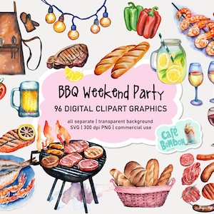 Aquarell Grill Clipart | Grillparty Clip Art SVG, PNG digitaler Download kommerzielle Nutzung, Grillen svg, Grillen svg, Grill png, Sommerbbq