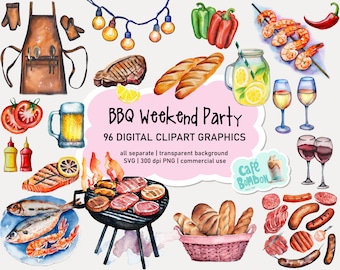 Watercolor BBQ Clipart | Barbecue Party clip art SVG, PNG digital download commercial use, Barbecue svg, Grilling Svg, Grill png, Summer bbq