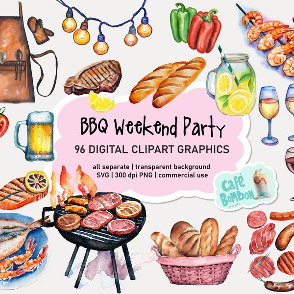 Watercolor BBQ Clipart | Barbecue Party clip art SVG, PNG digital download commercial use, Barbecue svg, Grilling Svg, Grill png, Summer bbq