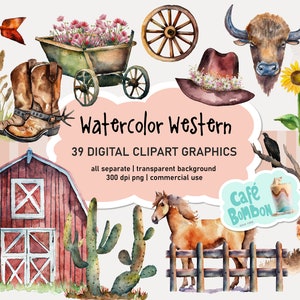 Acuarela Western Clipart / Rancho de vaqueros americano de Texas, descarga digital PNG para uso comercial, artesanía de papel, fabricación de tarjetas, medios mixtos