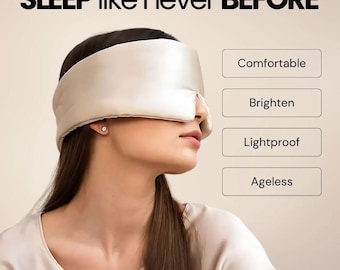 May include: A beige sleep mask is worn by a person. The mask covers the eyes and forehead. Text above the person's head reads "SLEEP like never BEFORE." Additional text on the right side of the image reads "Comfortable", "Brighten", "Lightproof", and "Ageless."