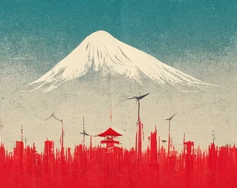 Minimalistische berg- en industriële patroon digitale kunst, Japan