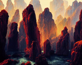 Levendige Rock pijlers landschap digitale Art Print