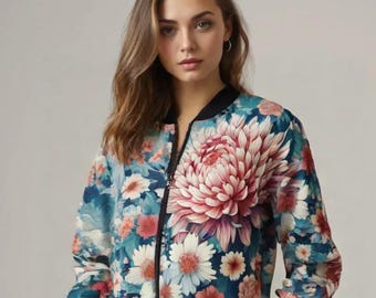 Bomberjack met bloemenchrysanten - Japanse streetwear, Y2K-esthetiek, harajuku-mode, Tokyo-stijl, Aziatische kunst, op anime geïnspireerde jas