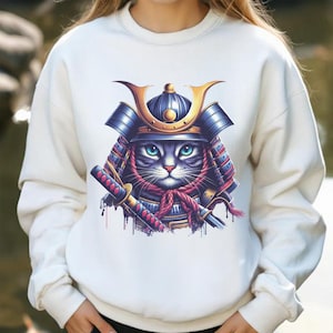 Samurai Cat Sweatshirt - Japanese Streetwear, Artistic Cat Warrior Design, Unisex Cozy Sweater, Unique Gift for Cat Lovers