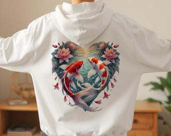 Felpa con cappuccio Koi Fish - Streetwear giapponese, estetica Y2K, moda Harajuku, stile Tokyo, arte asiatica, felpa con cappuccio Zen ispirata agli anime