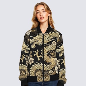 Gold Dragon Bomber Jacket - Japan Streetwear, Y2K Aesthetic, Harajuku Fashion, Tokyo Style, Floral Dragon Jacket, Asian Art Outerwear