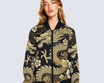 Gouden drakenbomberjack - Japan Streetwear, Y2K-esthetiek, Harajuku-mode, Tokyo-stijl, bloemendrakenjas, Aziatische kunst bovenkleding